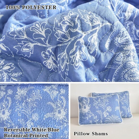 Brand New 3-Piece Botanical Blue & White Floral Quilt Set  • Queen - Picture 5 of 6